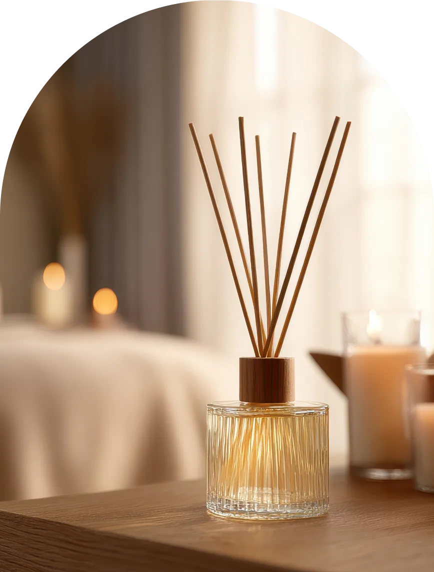 Warm spa interior with diffuser and candles